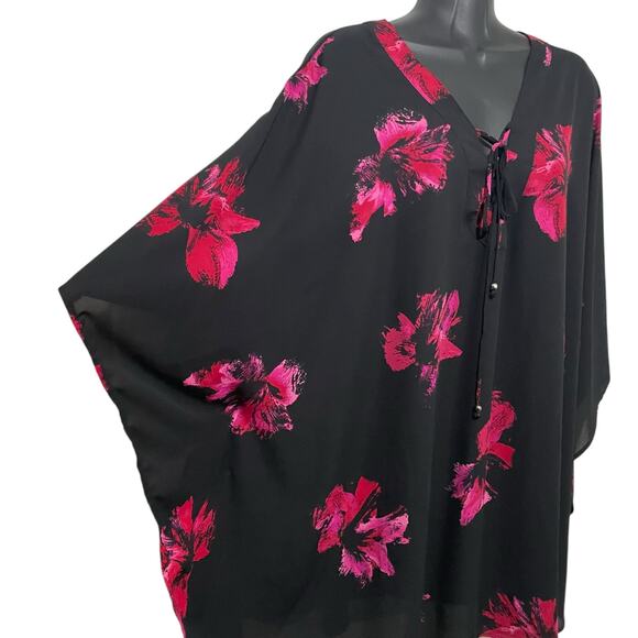 Catherines Womens Plus 2X/3X Black Red Floral Poncho Tunic Top Laced Up Neck - Picture 5 of 9